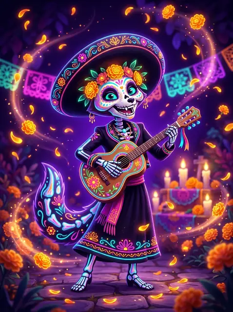 Catarina the skeletal mariachi fox